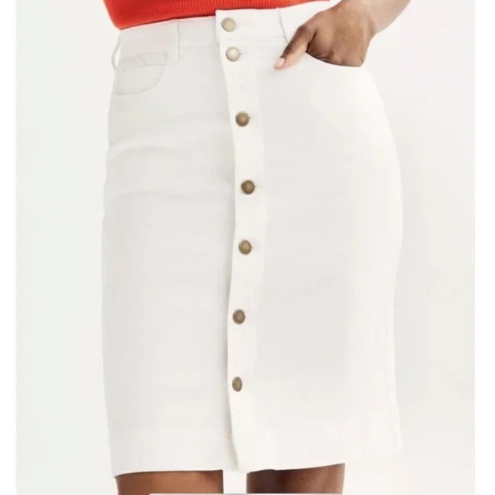 Draper James white denim button‎ front pencil skirt 14